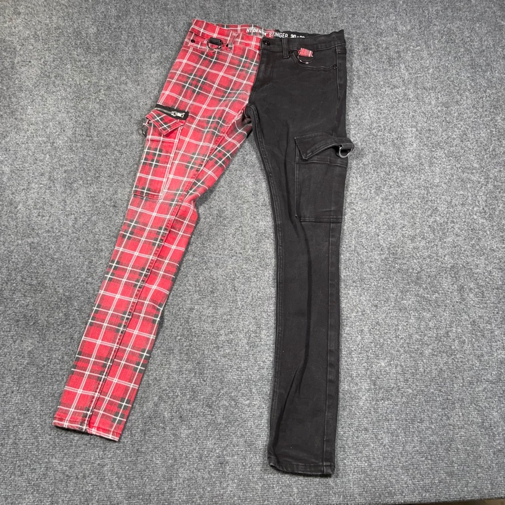 HT Denim Stinger Cargo Pants Mens 30x30 Split Leg Plaid Punk Emo Black Red Goth